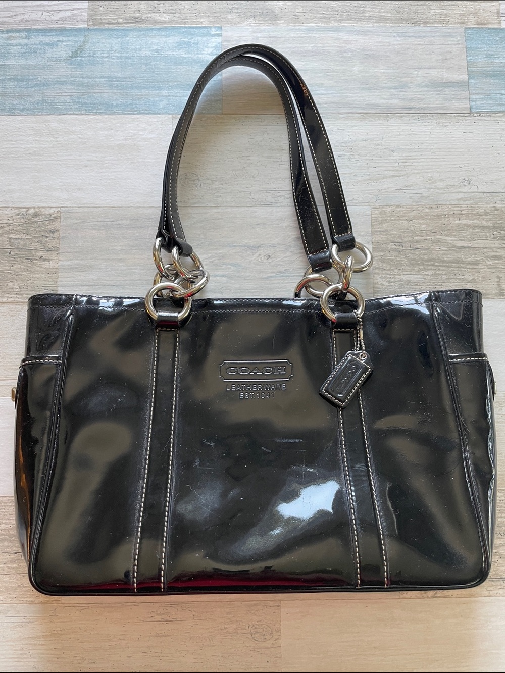 Coach Black Patent Leather Tote with Silver Hardware